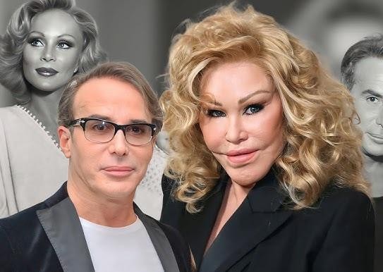 Ilustracja przedstawiająca oś czasu z kluczowymi wydarzeniami z życia Jocelyn Wildenstein, takimi jak małżeństwo, rozwód, operacje plastyczne i śmierć.